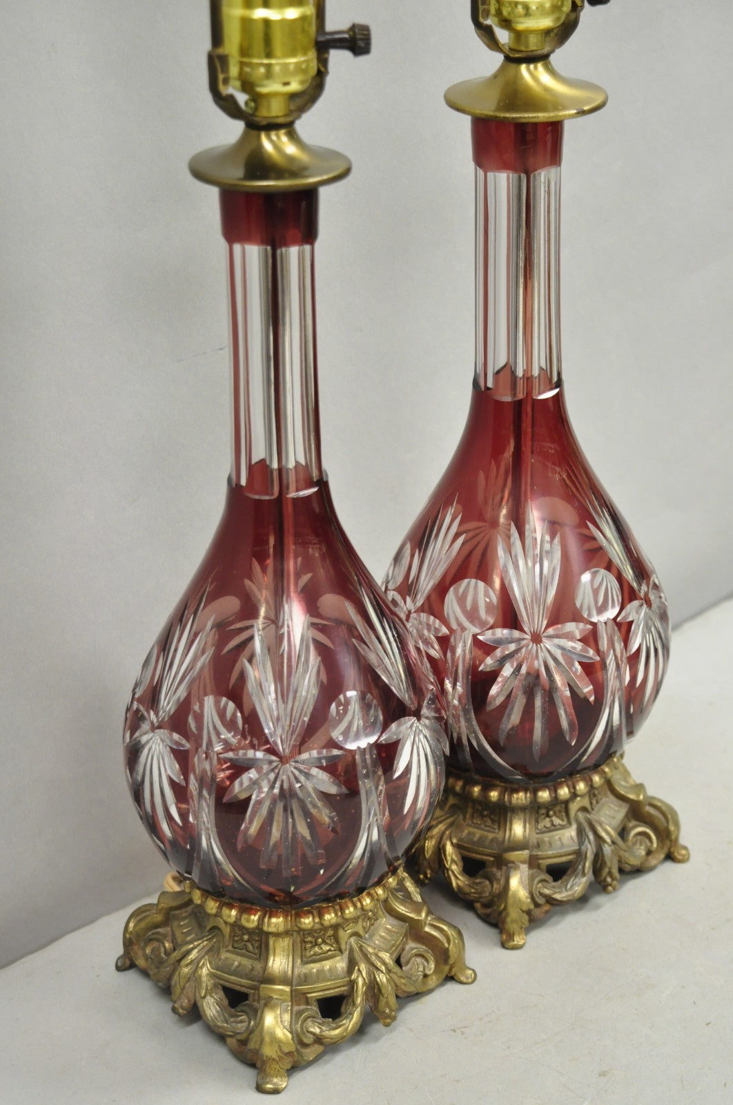 Antique Bohemian Cranberry Ruby Red Cut to Clear Glass Table Lamps - a Pair