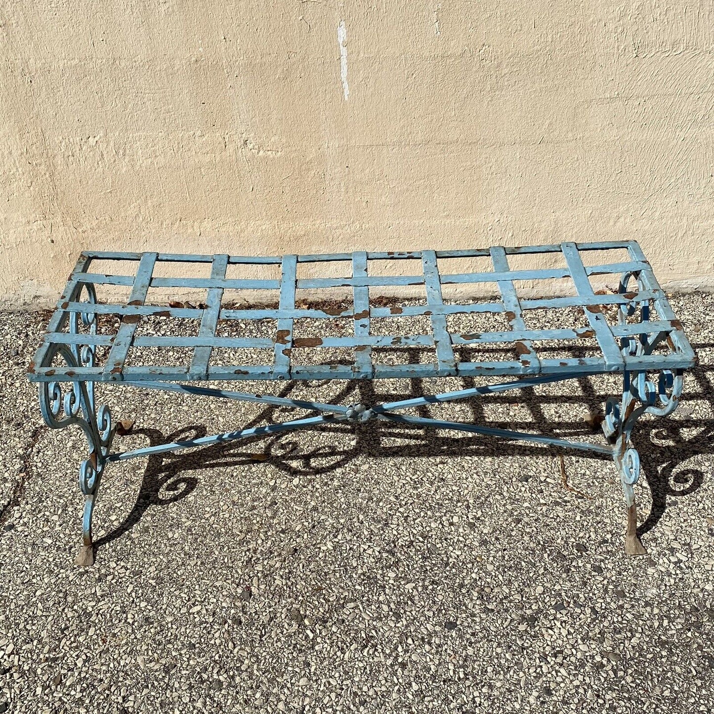 Antique French Art Nouveau Scrolling Wrought Iron Metal Strap Garden Patio Bench