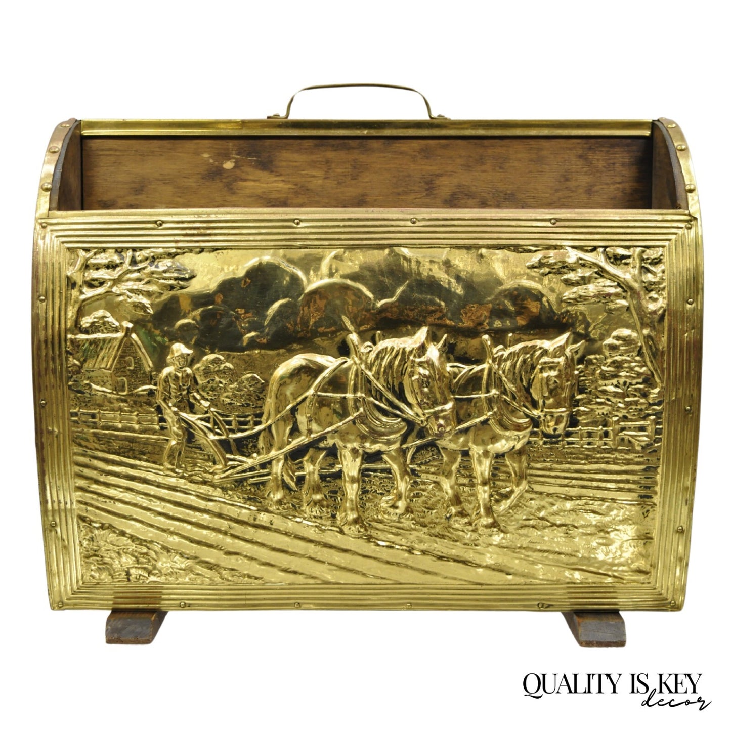 English Colonial Embossed Brass Farmer Horse-Drawn Plow Magazine Rack Holder
