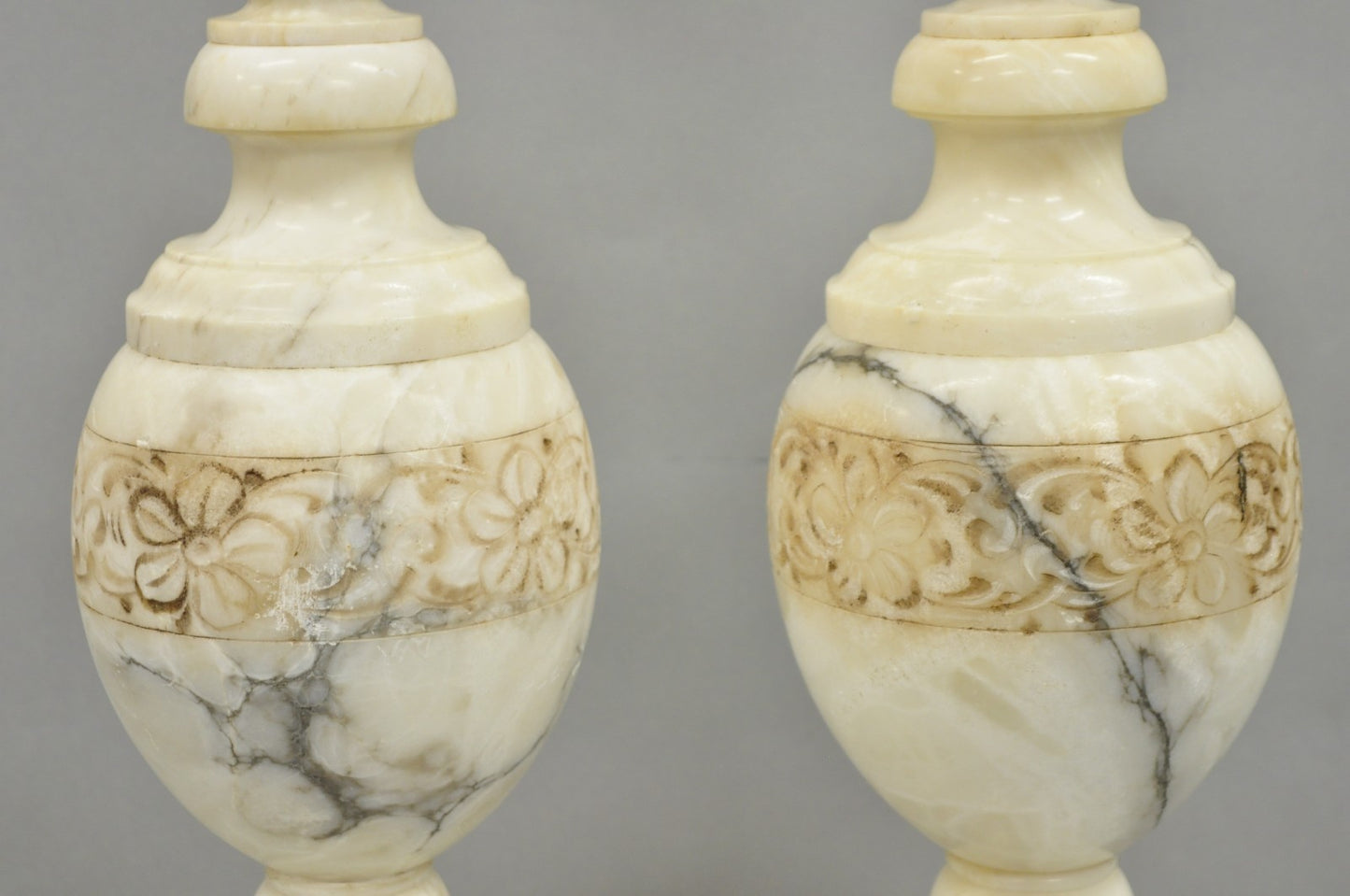 Vintage Italian Neoclassical Style Carved White Marble Urn Table Lamps - a Pair
