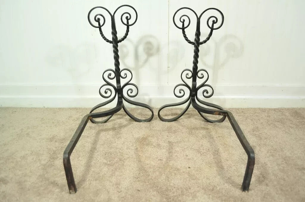 Antique Arts & Crafts Art Nouveau Black Wrought Iron Scrolling Andirons - a Pair