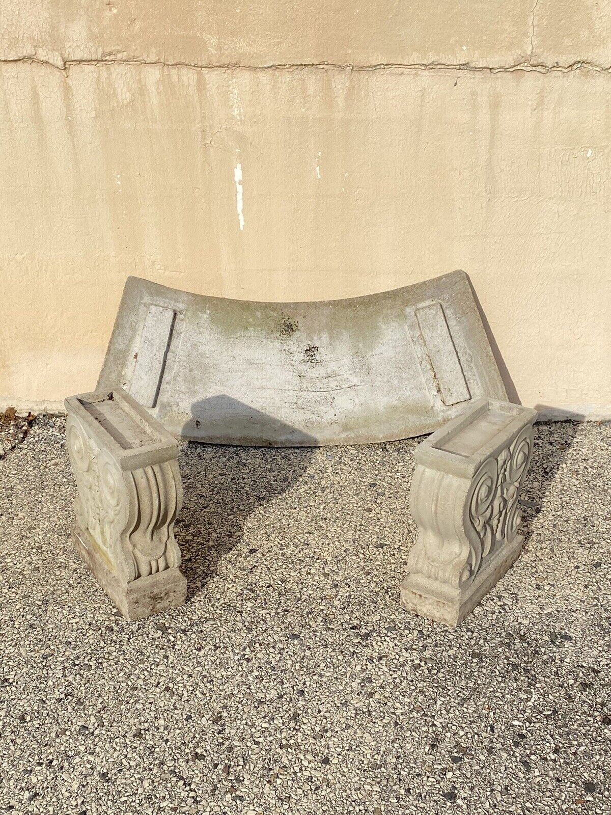 Vintage Classical Style Cast Stone Double Pedestal Curved Garden Bench Seat