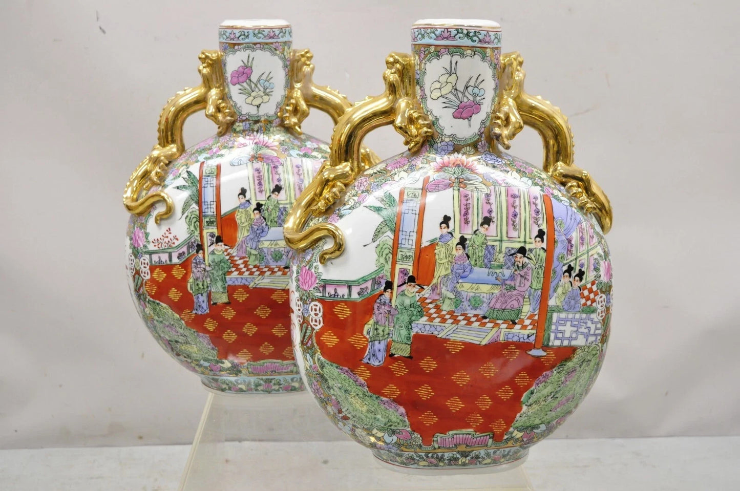 Vintage Chinese Famille Rose Porcelain Figural Orange Moon Flask Vase w/ Dragons