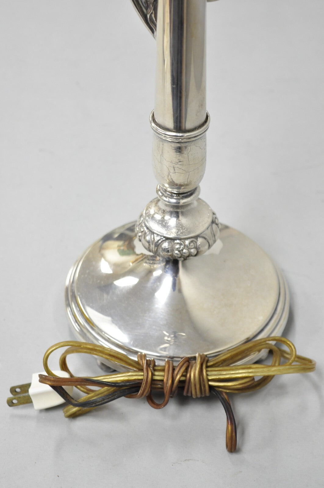 Antique French Art Nouveau Silver Plated Scrollwork Column Small Table Lamp