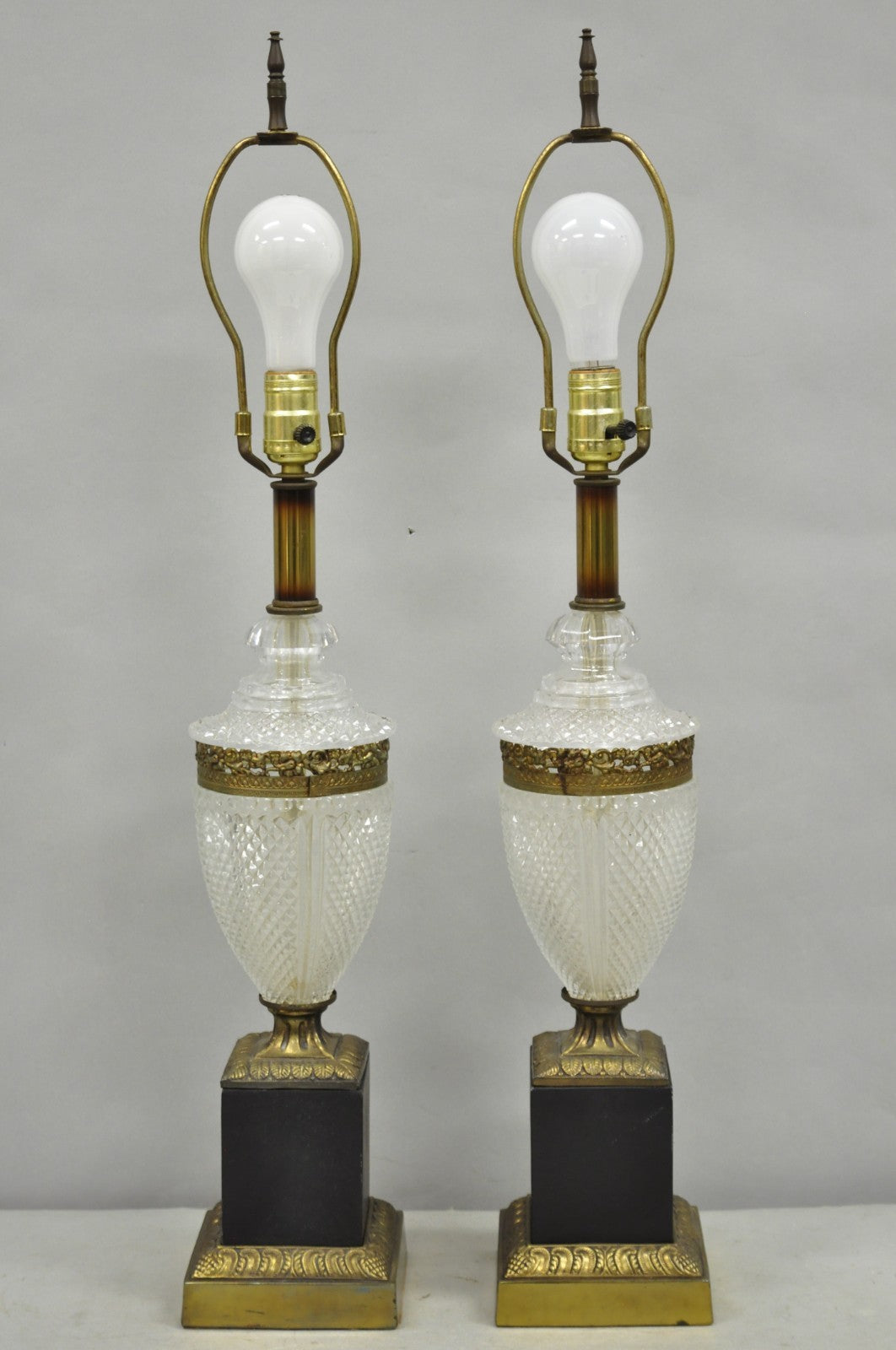 Vintage French Empire Hollywood Regency Cut Glass Crystal Urn Table Lamps - Pair