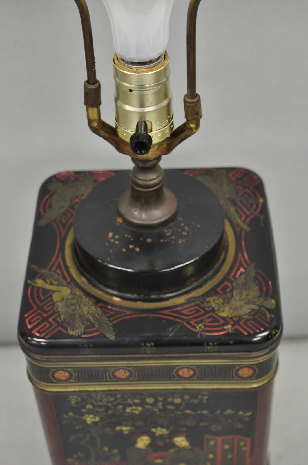 Vintage Chinoiserie English Tole Metal Tea Canister Chinese Painted Table Lamp