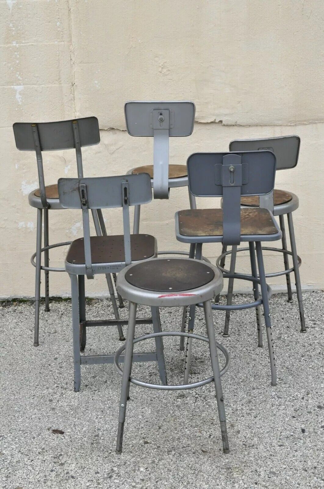 Vintage Industrial Steel Metal Drafting Work Stools Chairs - Group Set of 6
