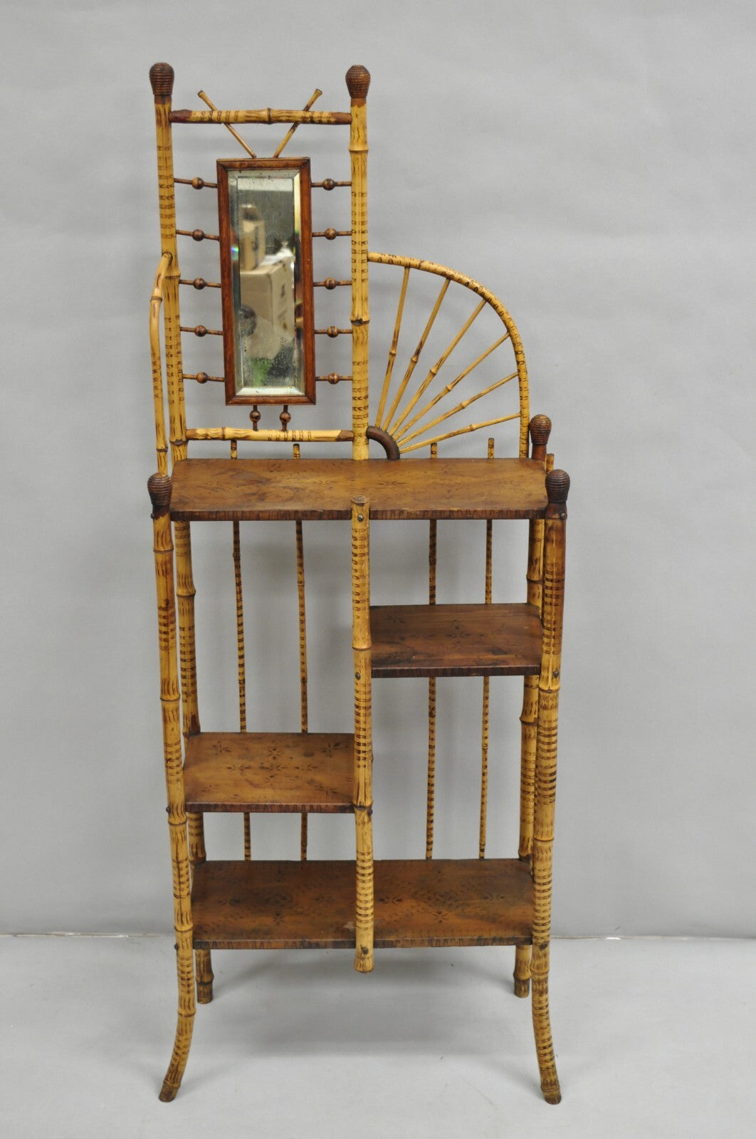 Antique English Victorian Stick and Ball Burnt Bamboo Curio Etagere Shelf Mirror