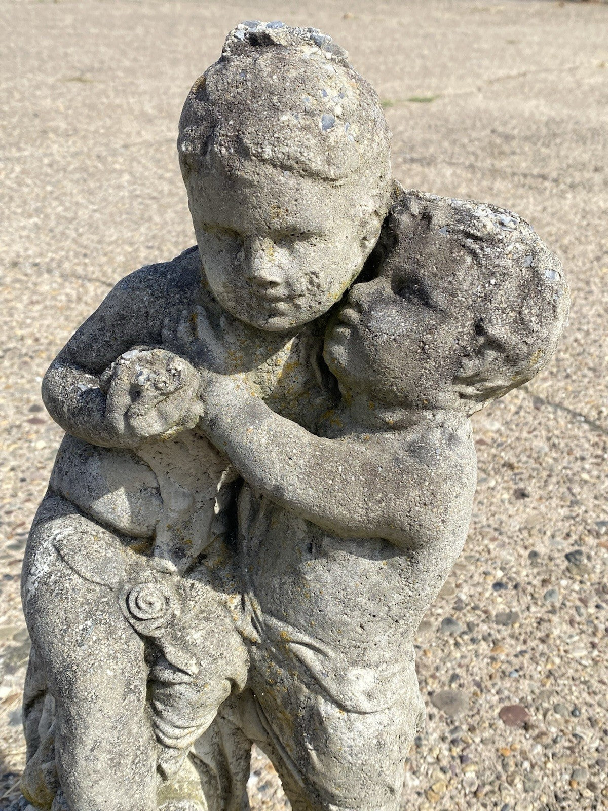 French Neoclassical Small Concrete Figural Cherub Garden Statue Water Fountain
