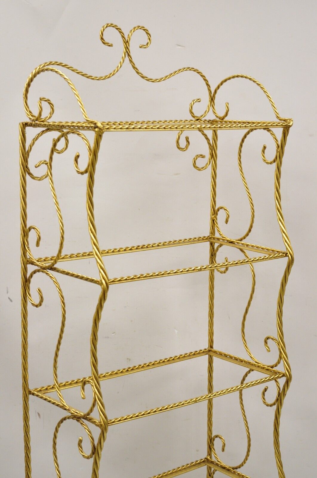 Italian Hollywood Regency Gold Gilt Iron 5 Tier Rope Tassel Narrow Etagere Stand