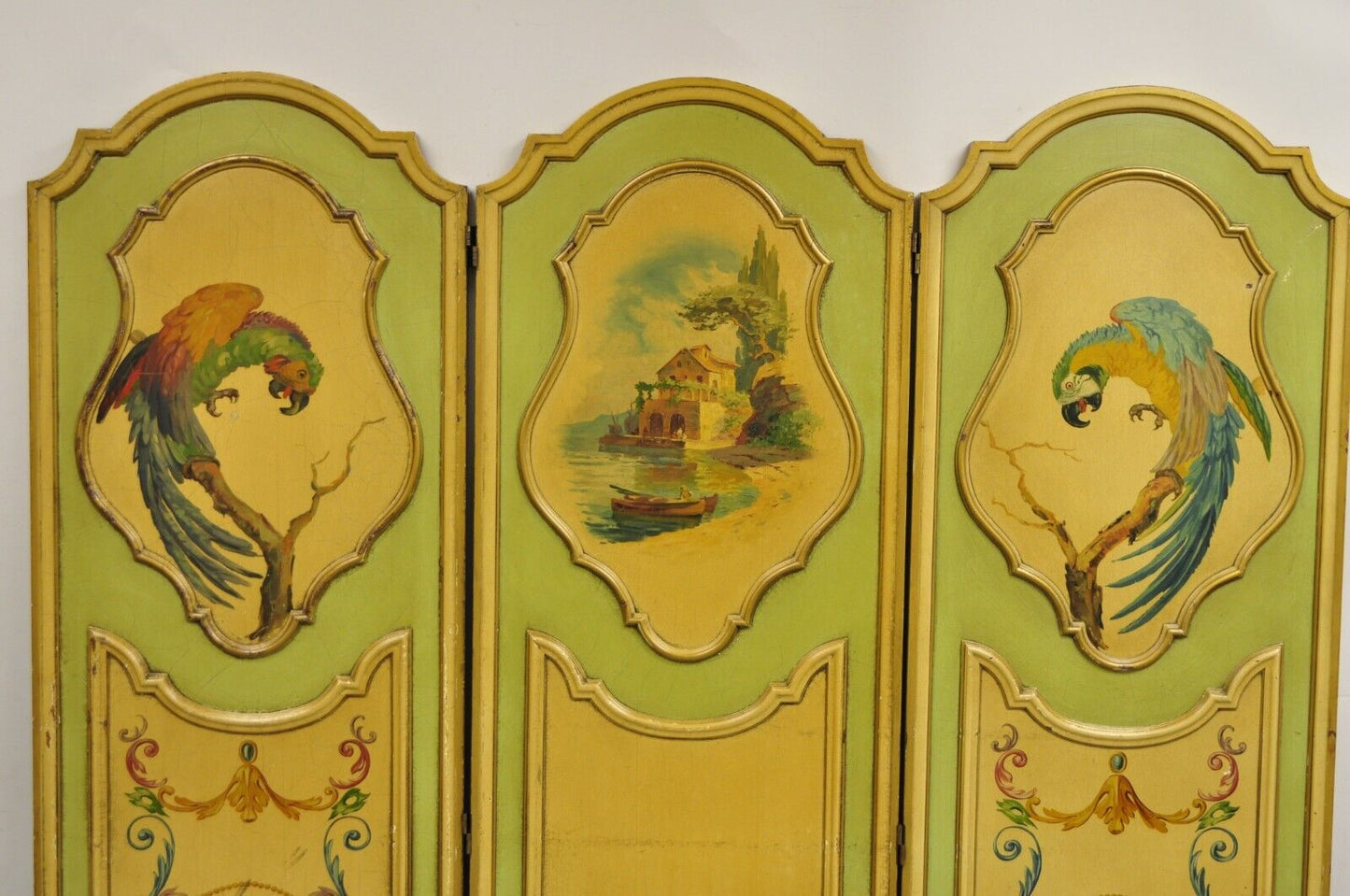 Antique French Louis XV Green Painted Parrot 3 Panel Venetian Room Screen (C)