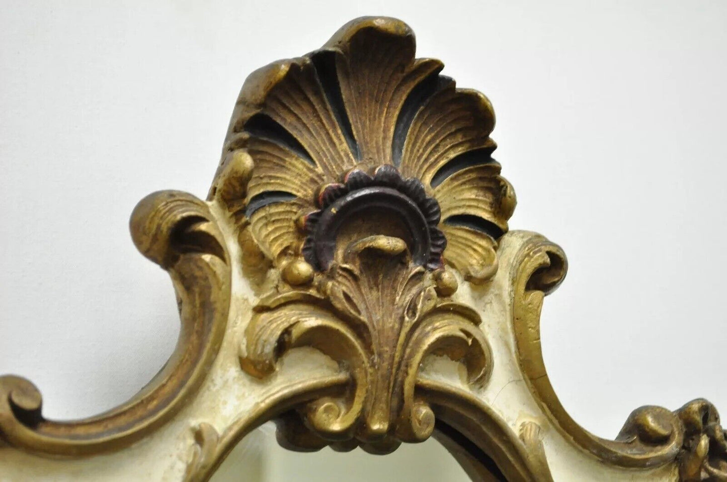 Vintage Italian Rococo Style Gold Giltwood White Shell Carved Wall Mirror