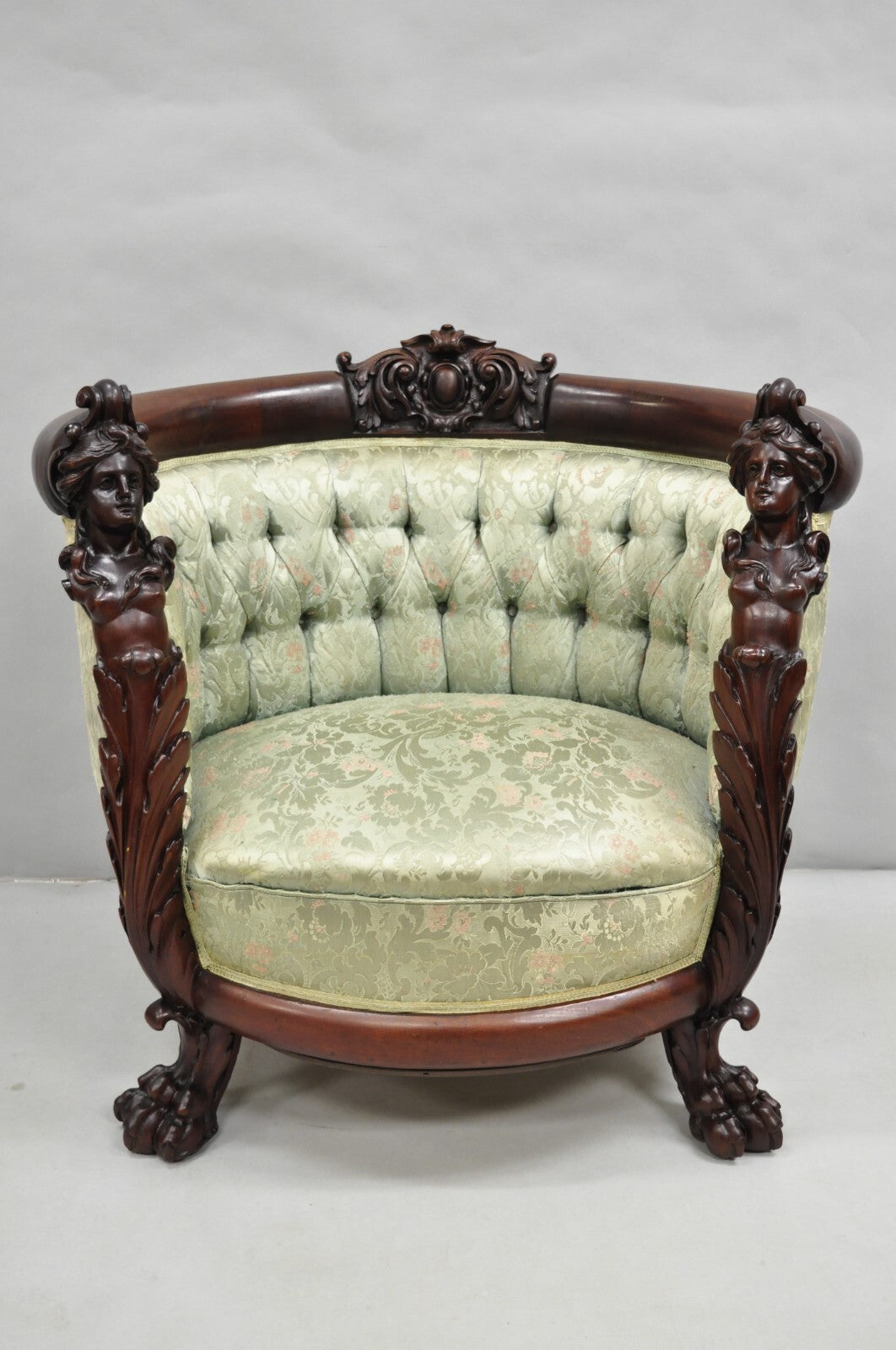 Antique Karpen Victorian Rococo Figural Maiden Carved Mahogany Parlor Club Chair