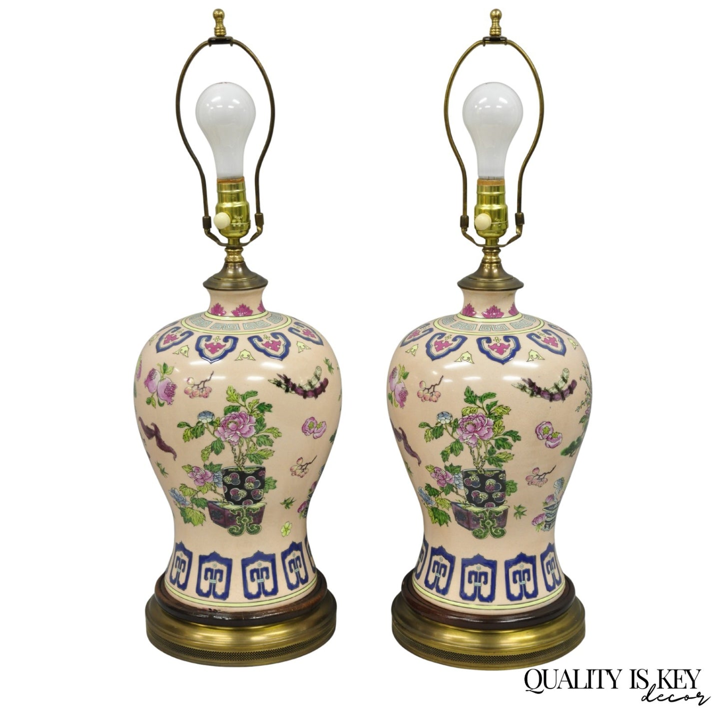 Vintage Chinoiserie Pink Porcelain Ginger Jar Jardinière Vase Table Lamp a Pair