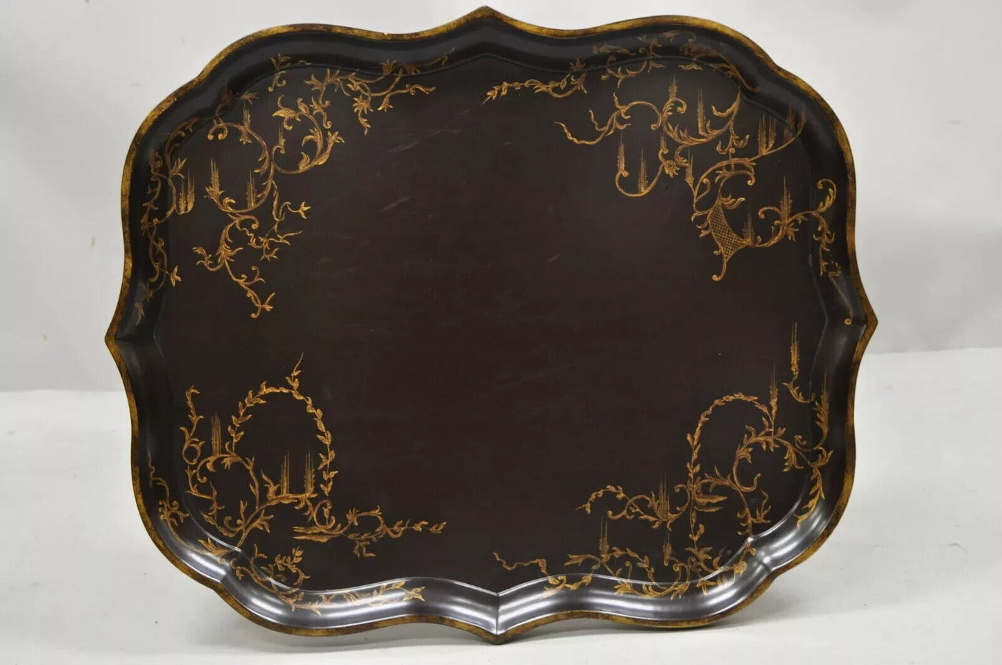 Chinoiserie Faux Bamboo Brown Lacquer Scallop Tray Top Coffee Cocktail Table