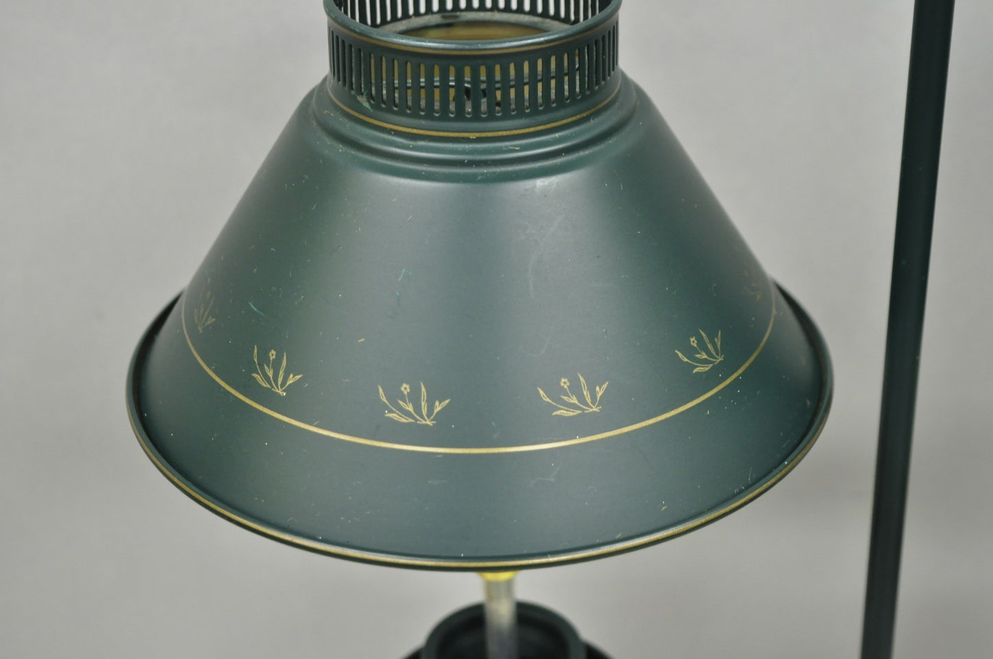 Vintage French Country Green Tole Metal Double Candlestick Table Lamp w/ Shades
