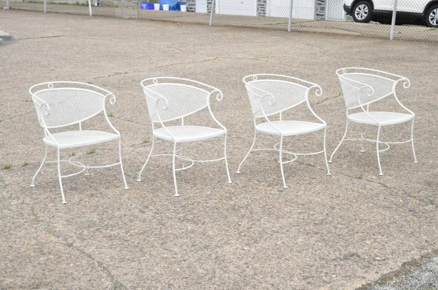 Vintage Hollywood Regency Scrolling Wrought Iron Barrel Back Patio Chairs Set 4
