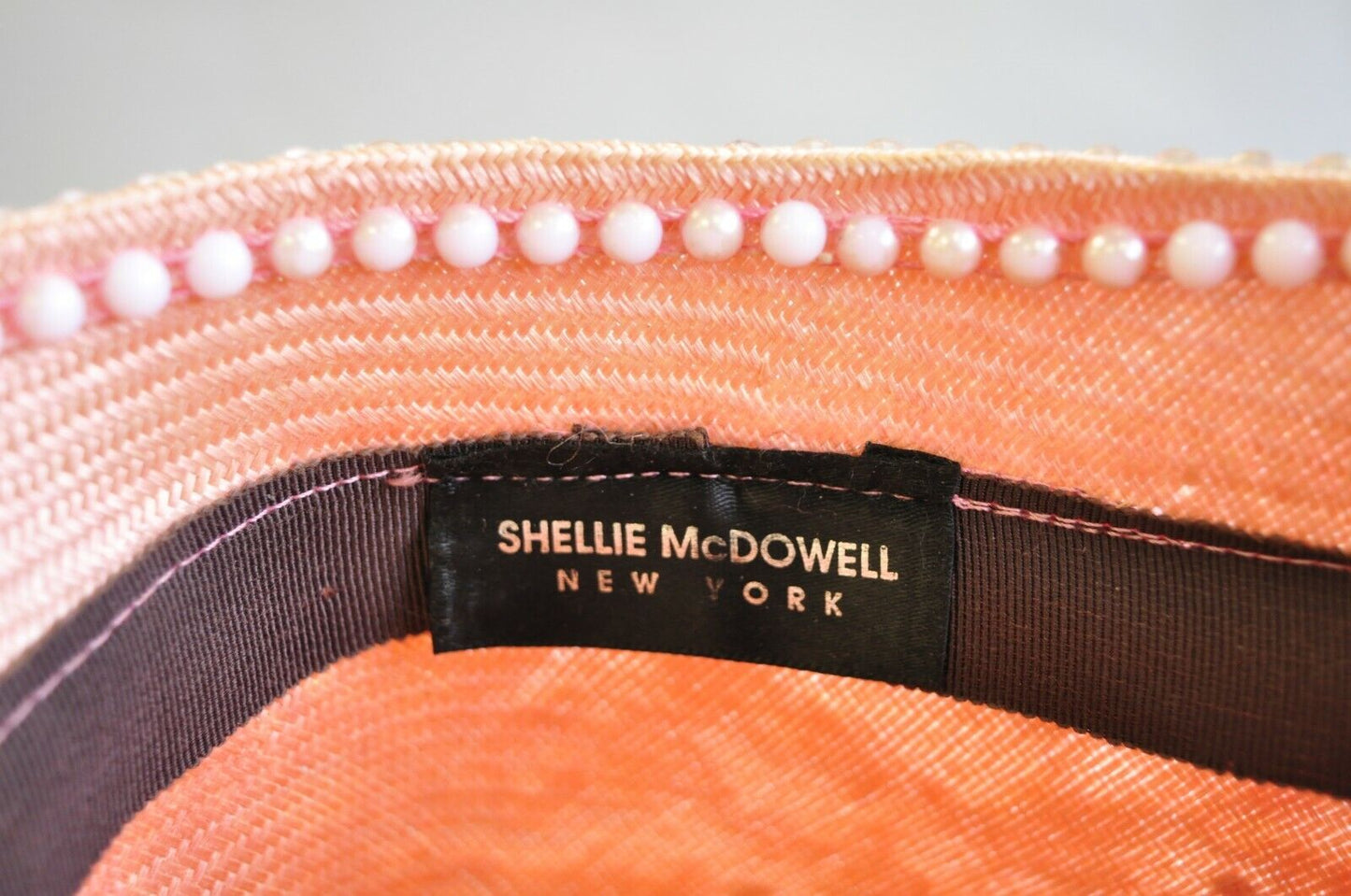 Shellie McDowell Pink Lace Iridescent Pearl Rhinestones Church Derby Crown Hat