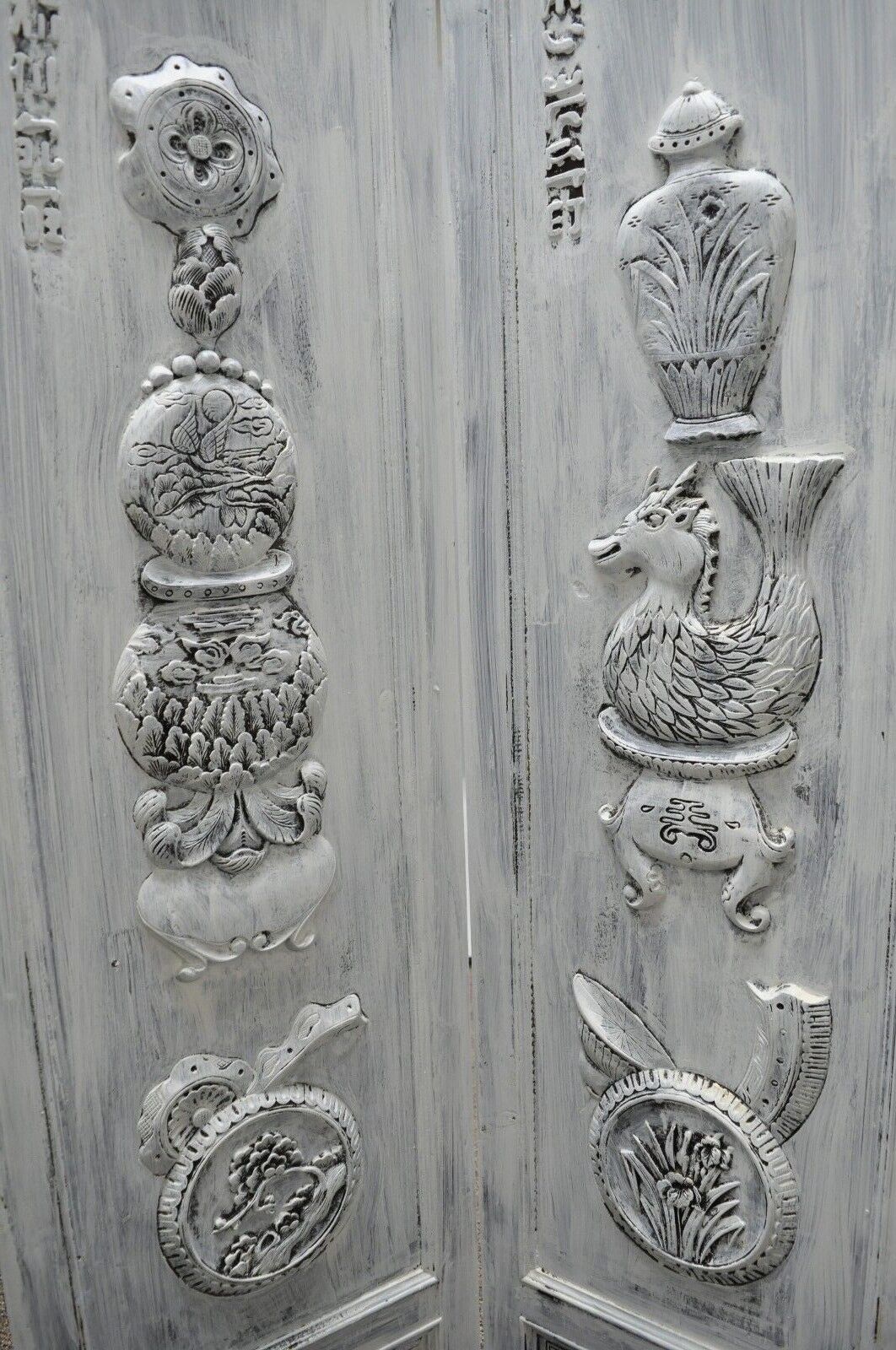 Boho Chic Oriental 4 Panel Screen White Distress Painted Wooden Room Divider