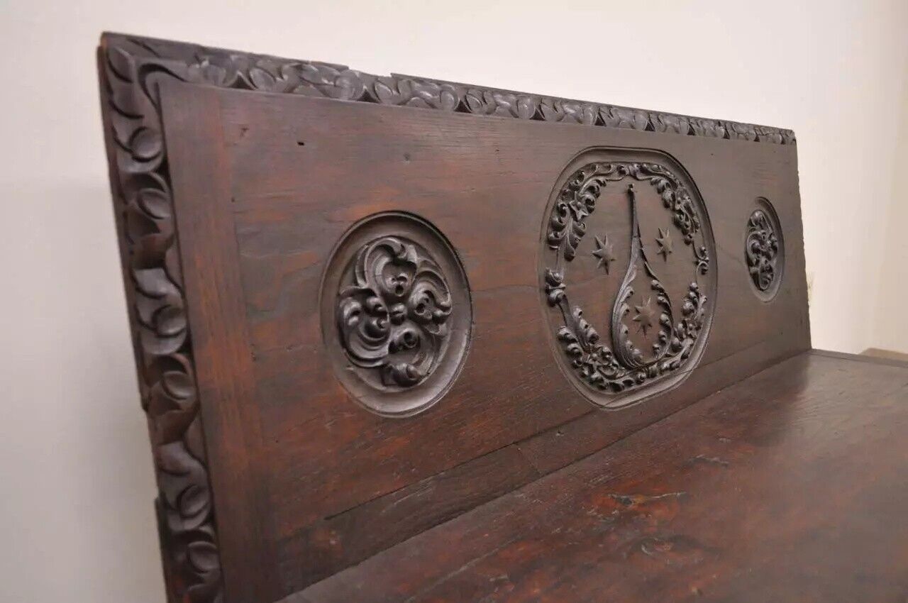 Antique 17th C. English Renaissance Carved Oak and Wrought Iron Bench Banquette