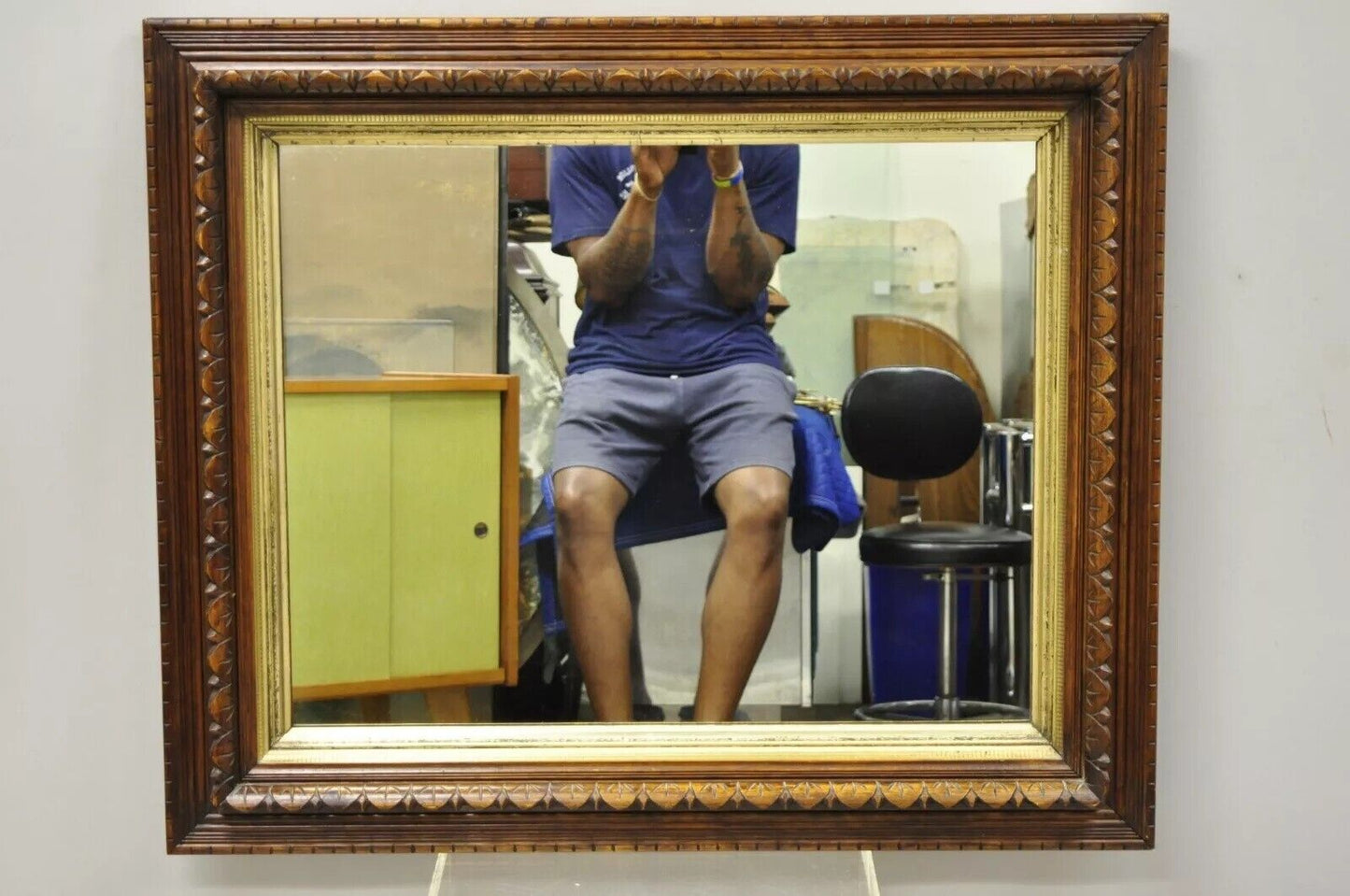 19th C American Victorian Hand Carved Oak Wood Gold Gilt Shadow Box Wall Mirror