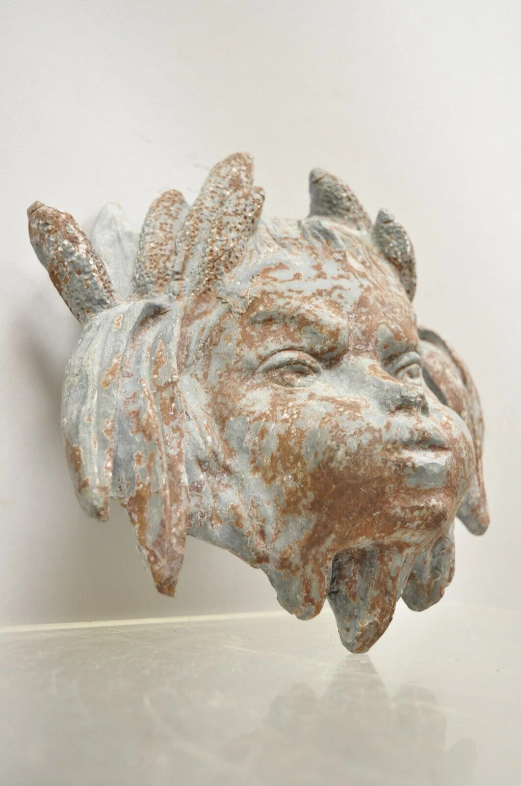 Antique French Neoclassical Small Lead Cherub Head Wall Fountain Garden Art