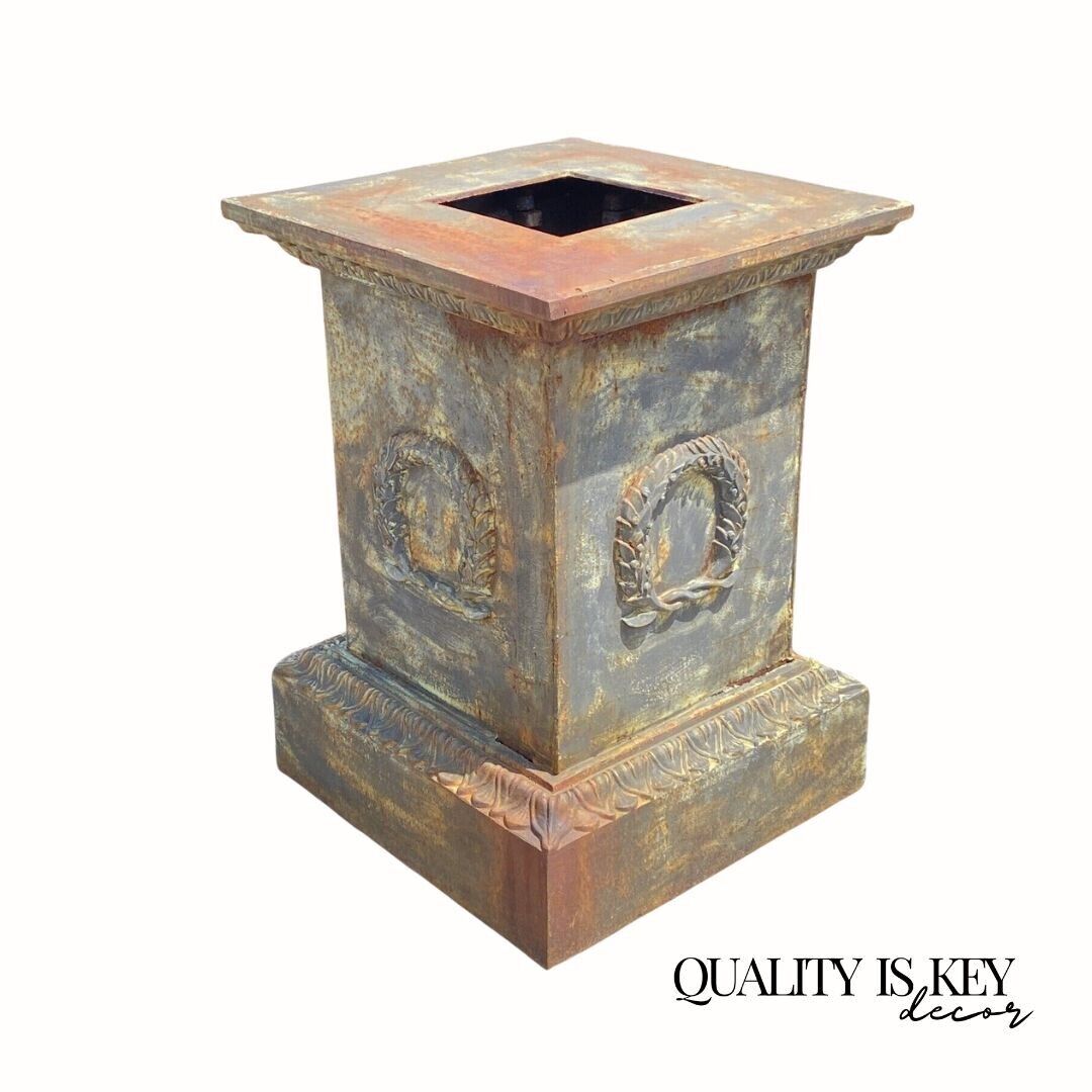 Large Neoclassical Style Cast Iron Garden Planter Urn Pedestal Base w/ Wreath A