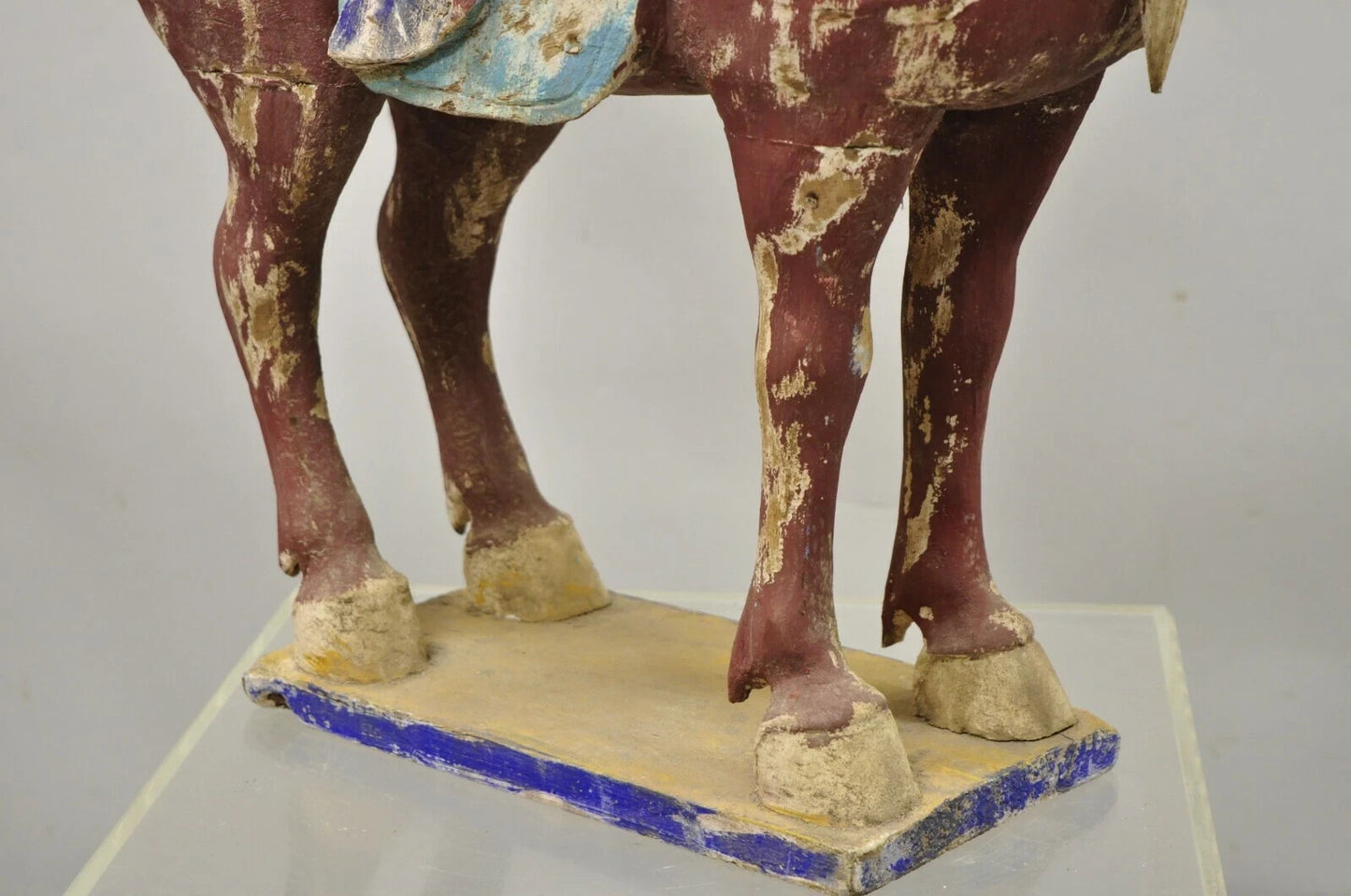 Chinese Polychrome Wooden Carved Wood 29" Tang Horse Sculpture Statue Red Figure