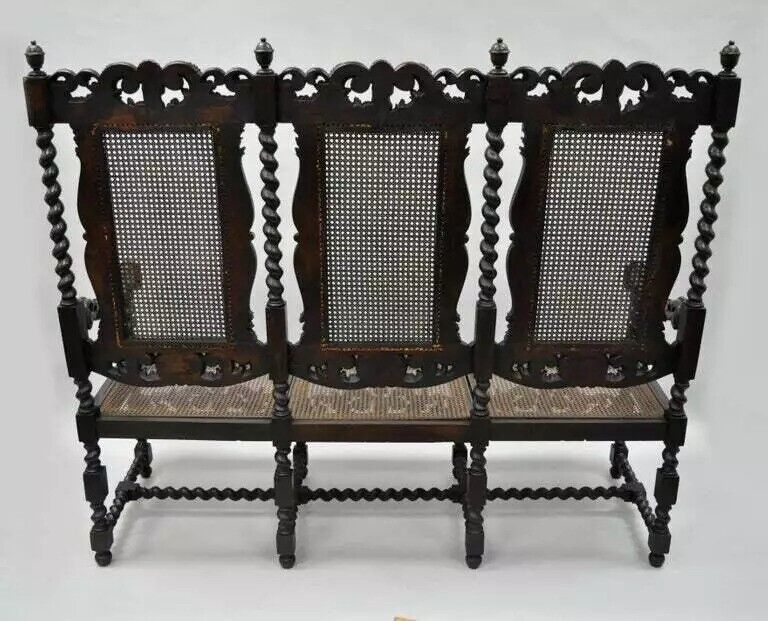 Jacobean Renaissance Barley Twist Cherub Carved Parlor Loveseat Bench Settee