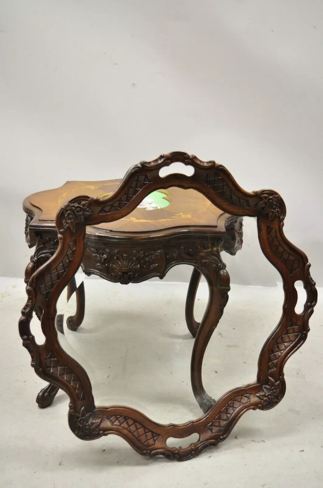 Antique French Louis XV Walnut Coffee Table w/ Angelica Kauffman Porcelain Dish