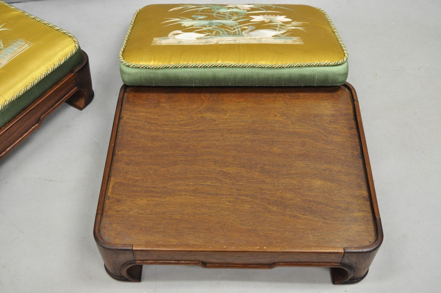 Vintage Chinoiserie Chinese Ming Style Low Footstool Ottoman w/ Silk - Pair