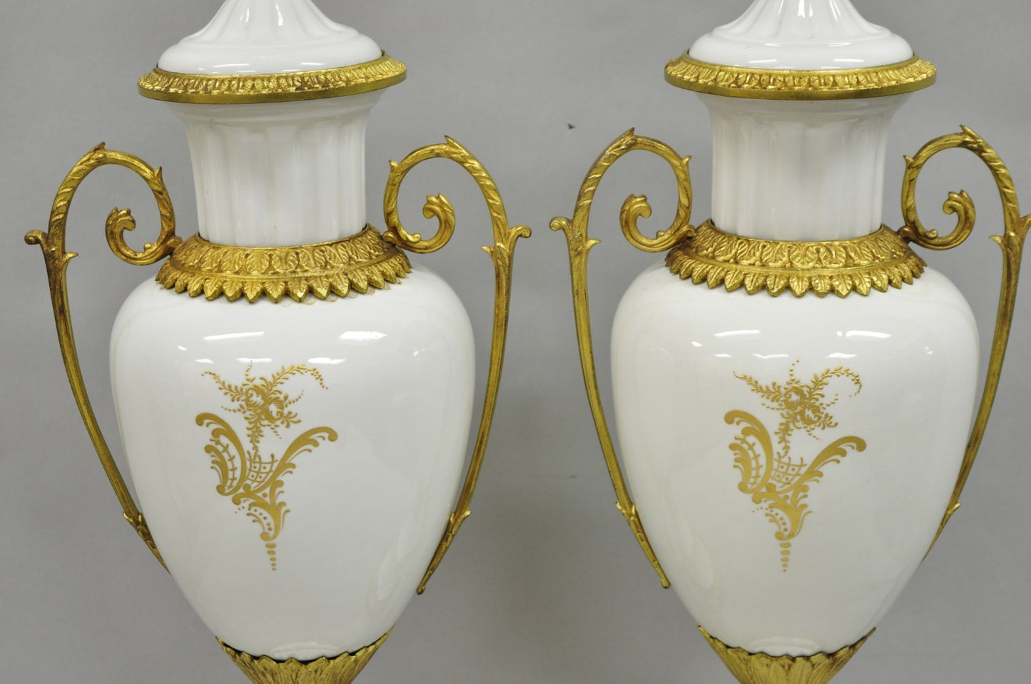 Antique French Louis XV Hand-Painted Porcelain Urn Bronze Table Lamps - a Pair