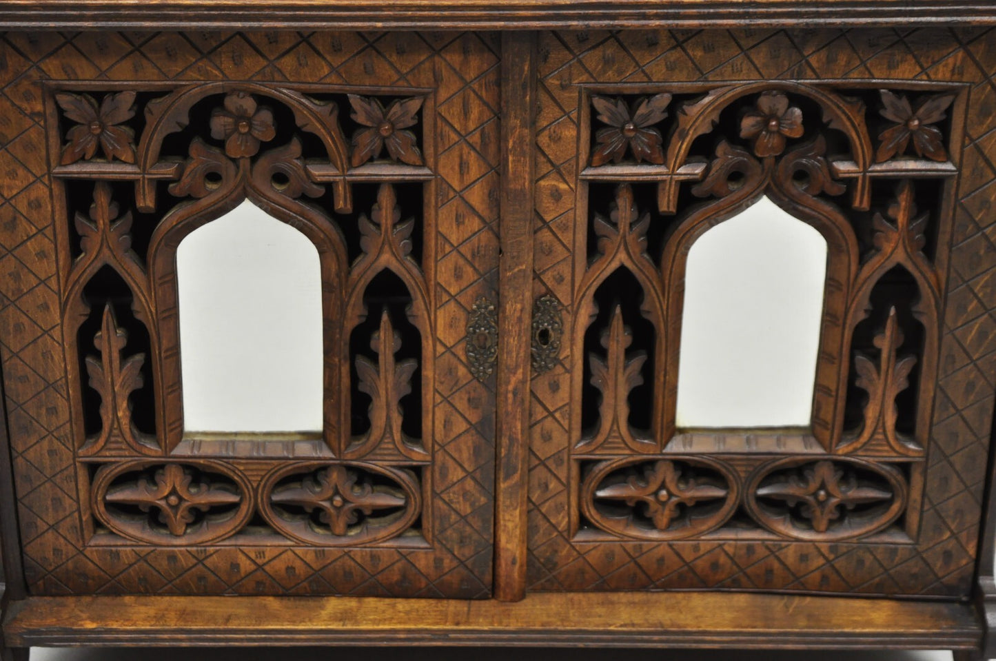 Antique Gothic Arts & Crafts Black Forest Walnut Carved Small Wall Curio Cabinet