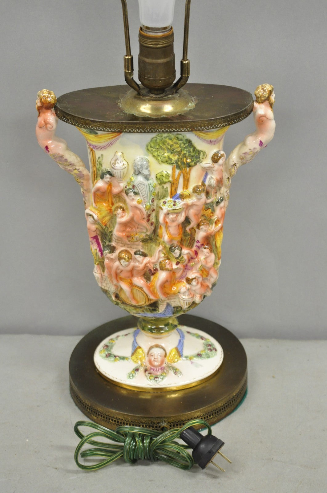 Vintage Italian Capodimonte Porcelain Figural Bacchanal Cherub Mermen Table Lamp