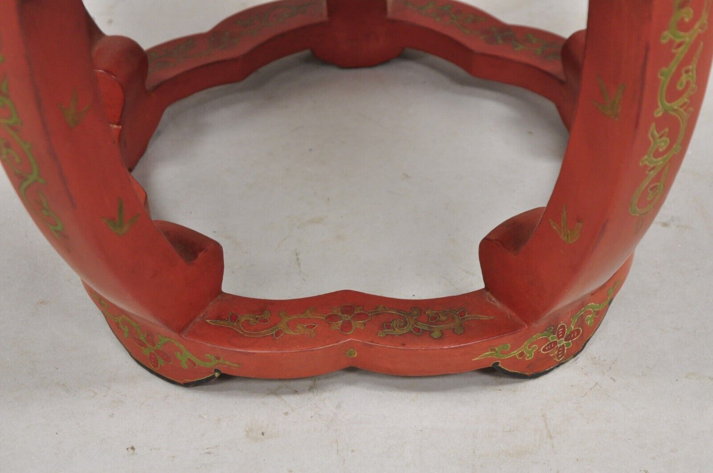 Vintage Chinoiserie Red Lacquer Chinese Drum Stool w Hand Painted Bird & Flowers