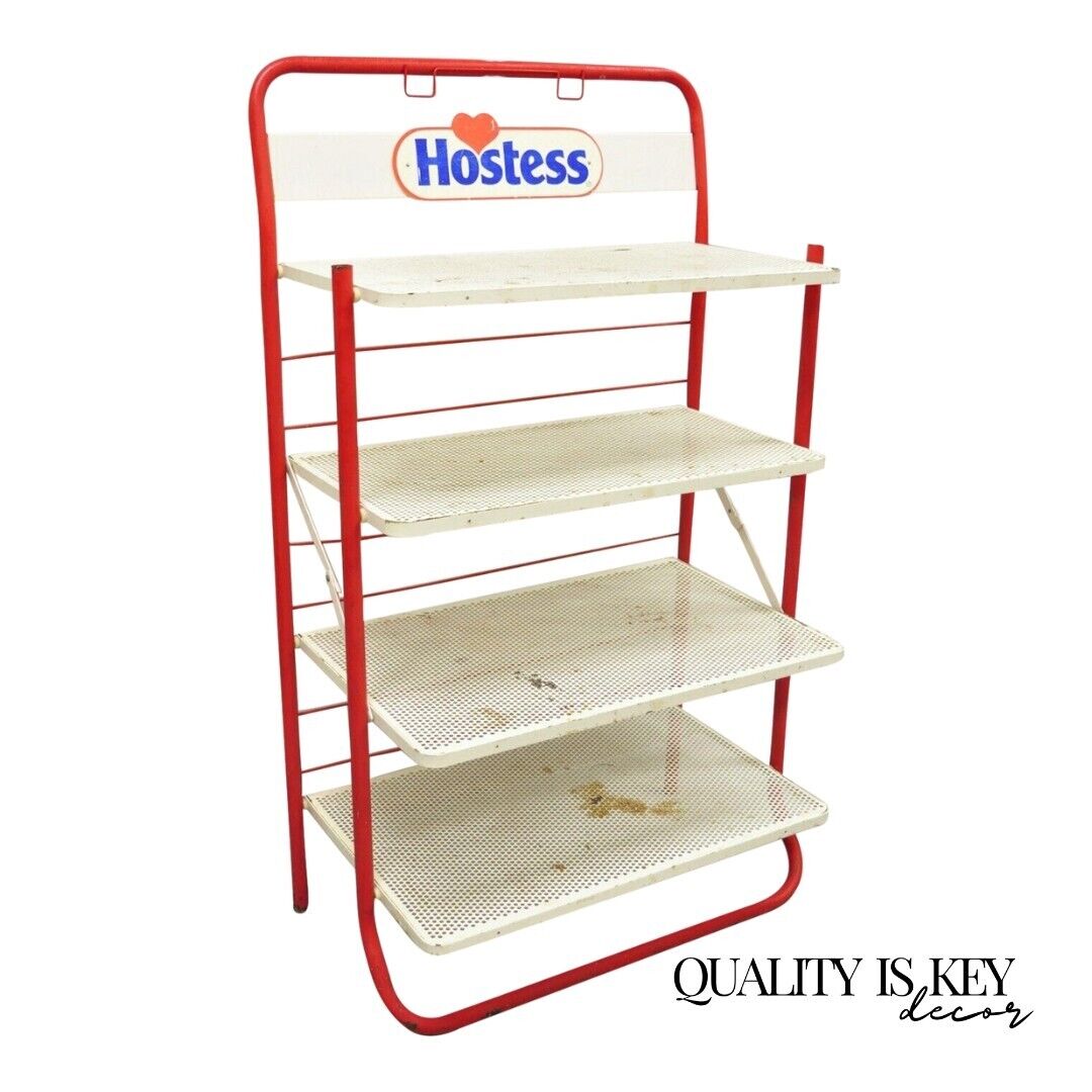 Vintage Hostess Red Metal Perforated 4 Shelf Folding Display Shelf Stand