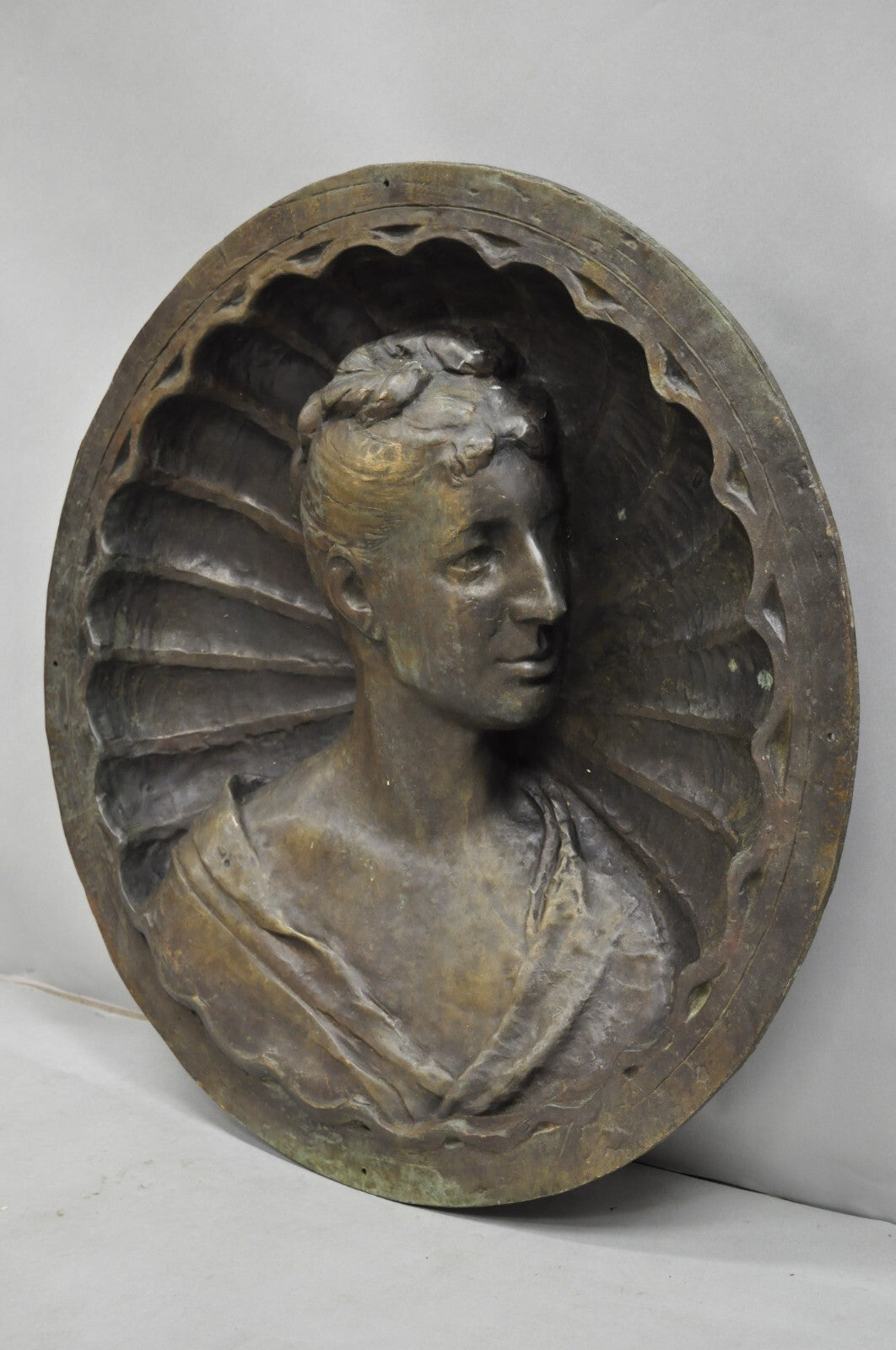 Antique Italian Woman Bust Large 25" Bronze Relief Repousse Monument Plaque