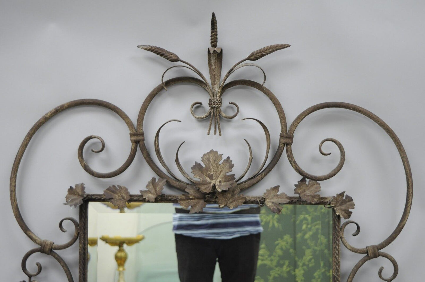 Italian Hollywood Regency Iron Tole Metal Wheat Sheaf Scroll Wall Mirror 50 x 31