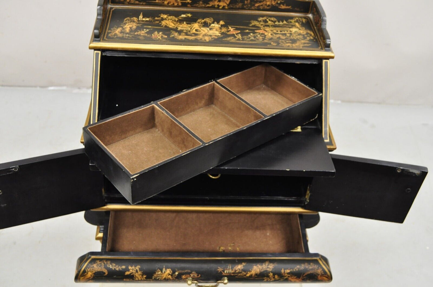 Decorative Chinoiserie Bombe Style Black Lacquer Oriental Jewelry Box