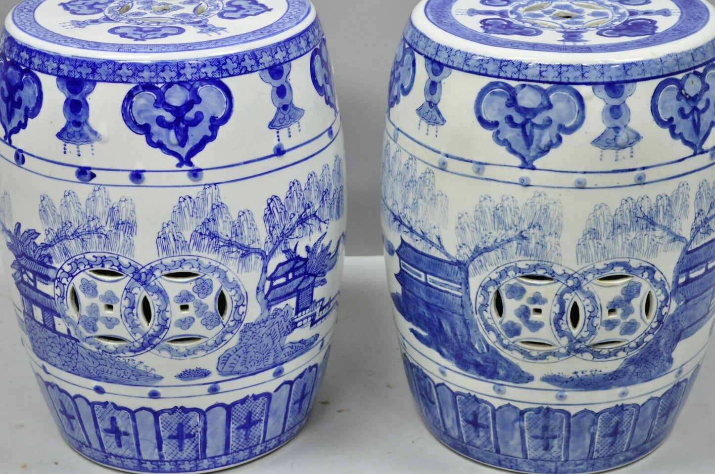 Pair of Blue & White Porcelain Chinese Oriental Drum Garden Seat Pedestal