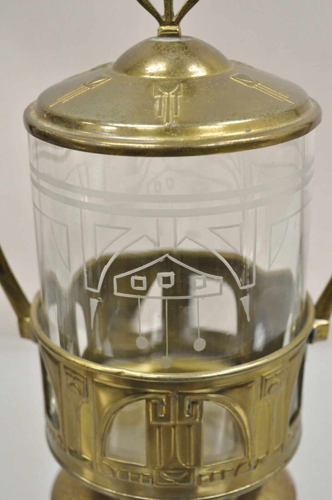 Antique German Art Nouveau Brass Metal Pickle Castor w/ Etched Glass Insert