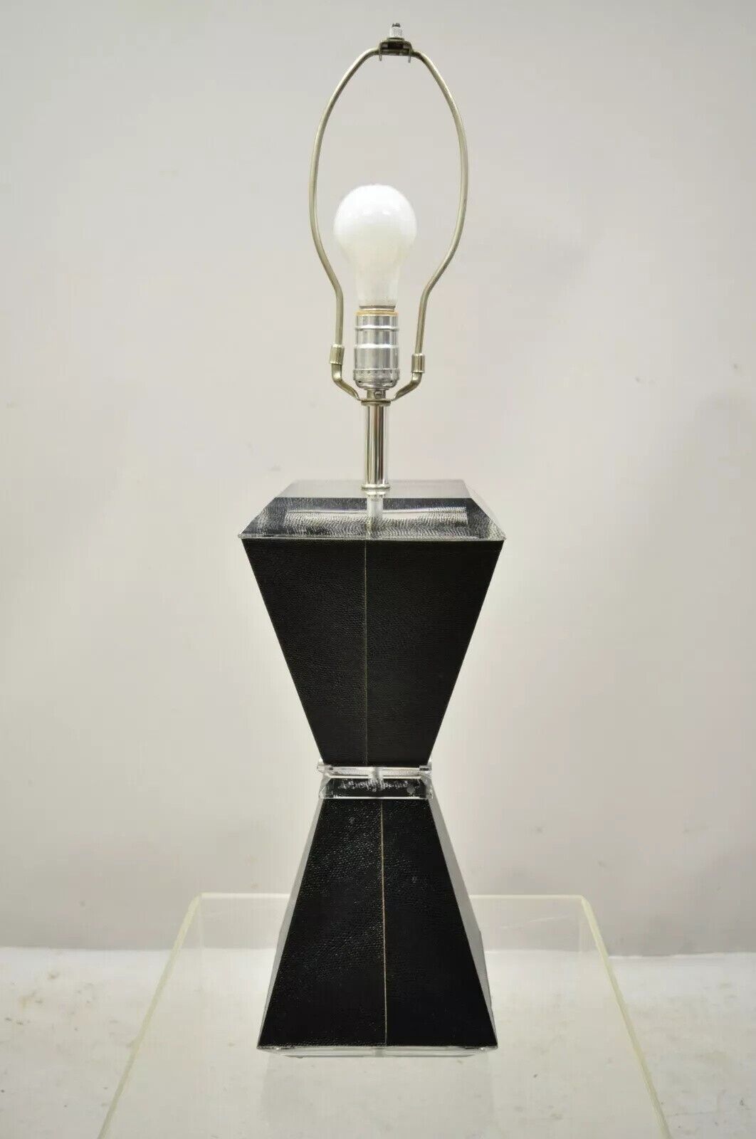 Vintage Mid Century Modern Lucite Hourglass Black Faux Sharkskin Table Lamp
