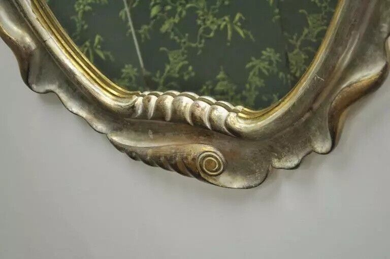 Italian Hollywood Regency Gold and Silver Giltwood Scroll Carved Wall Mirror