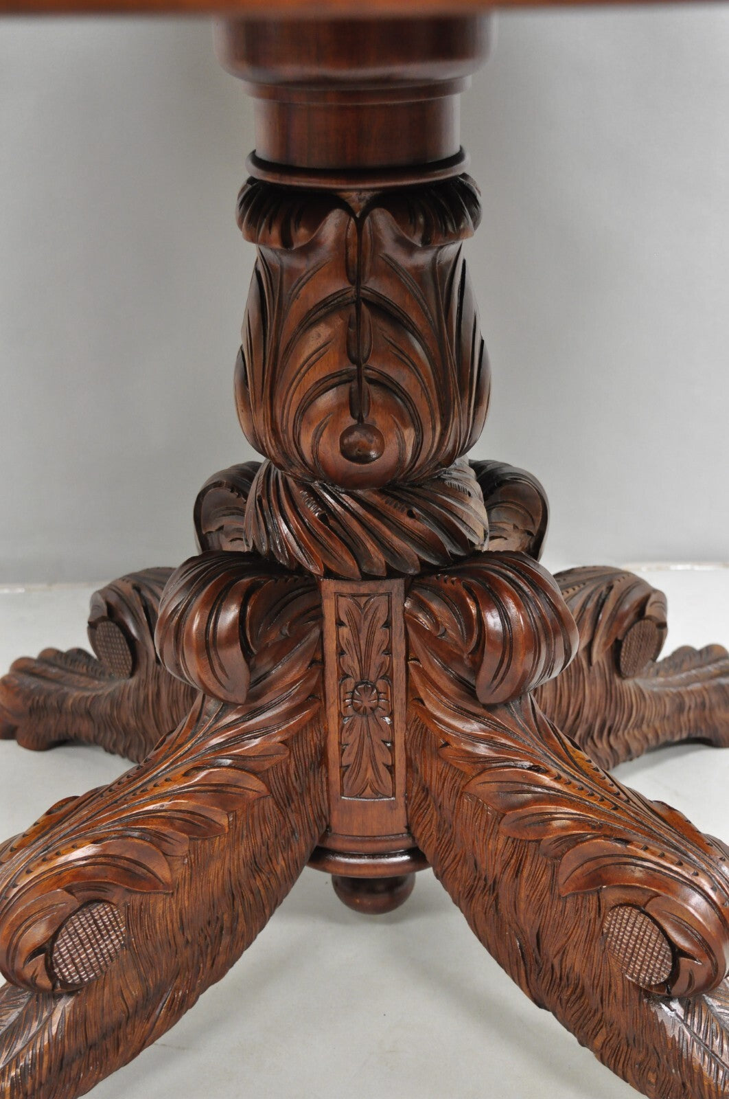 Antique French Empire Carved Mahogany Paw Foot Pedestal Base Round Center Table