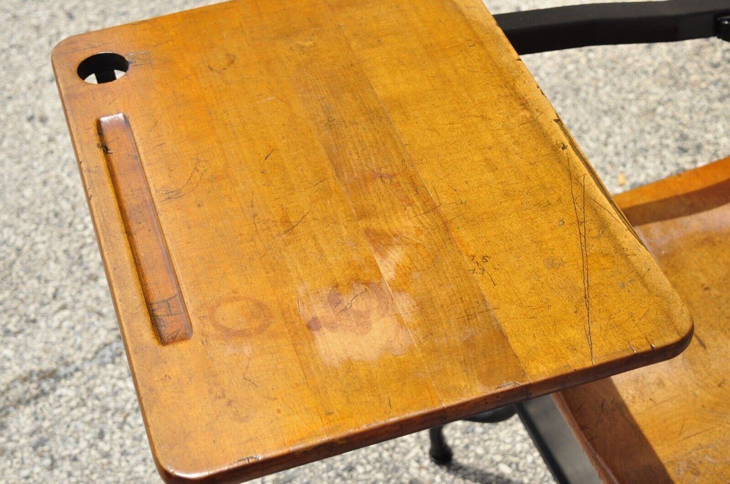 Antique American Industrial Iron and Maple Childs School Writing Desk