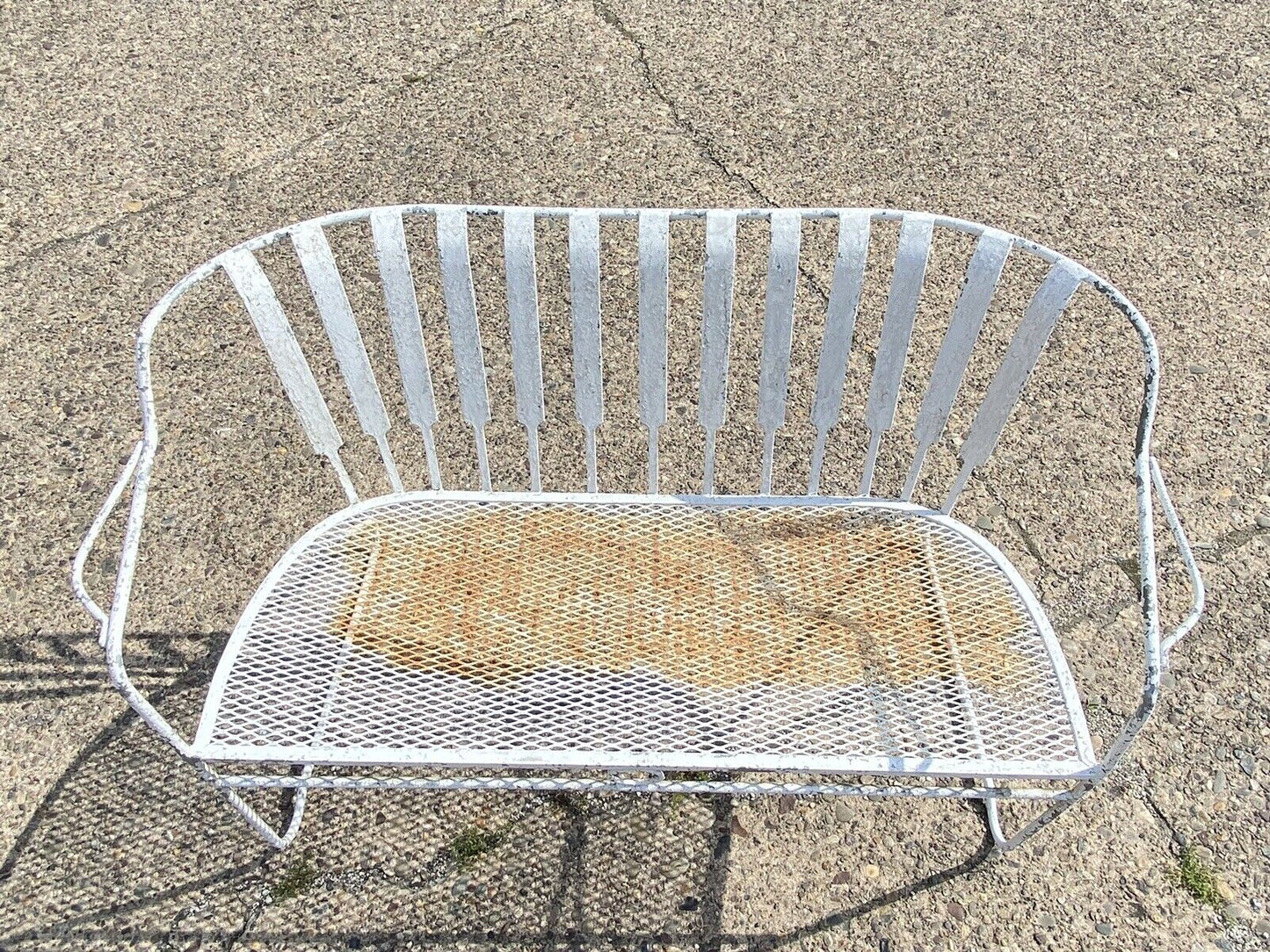 Vtg Mid Century Modern Wrought Iron White Sculptural Garden Patio Loveseat Sofa