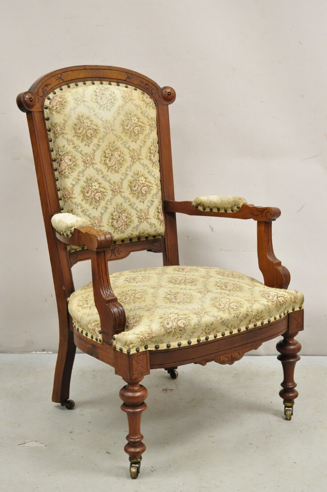Antique Victorian Carved Walnut Tapestry Upholstered Parlor Lounge Arm Chair