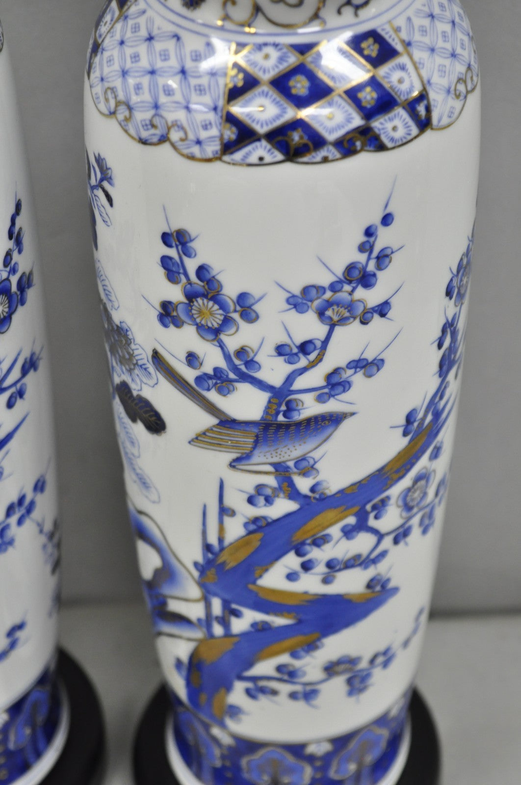 Vintage Chinoiserie Blue White Porcelain Bird & Plum Blossom Table Lamp - a Pair