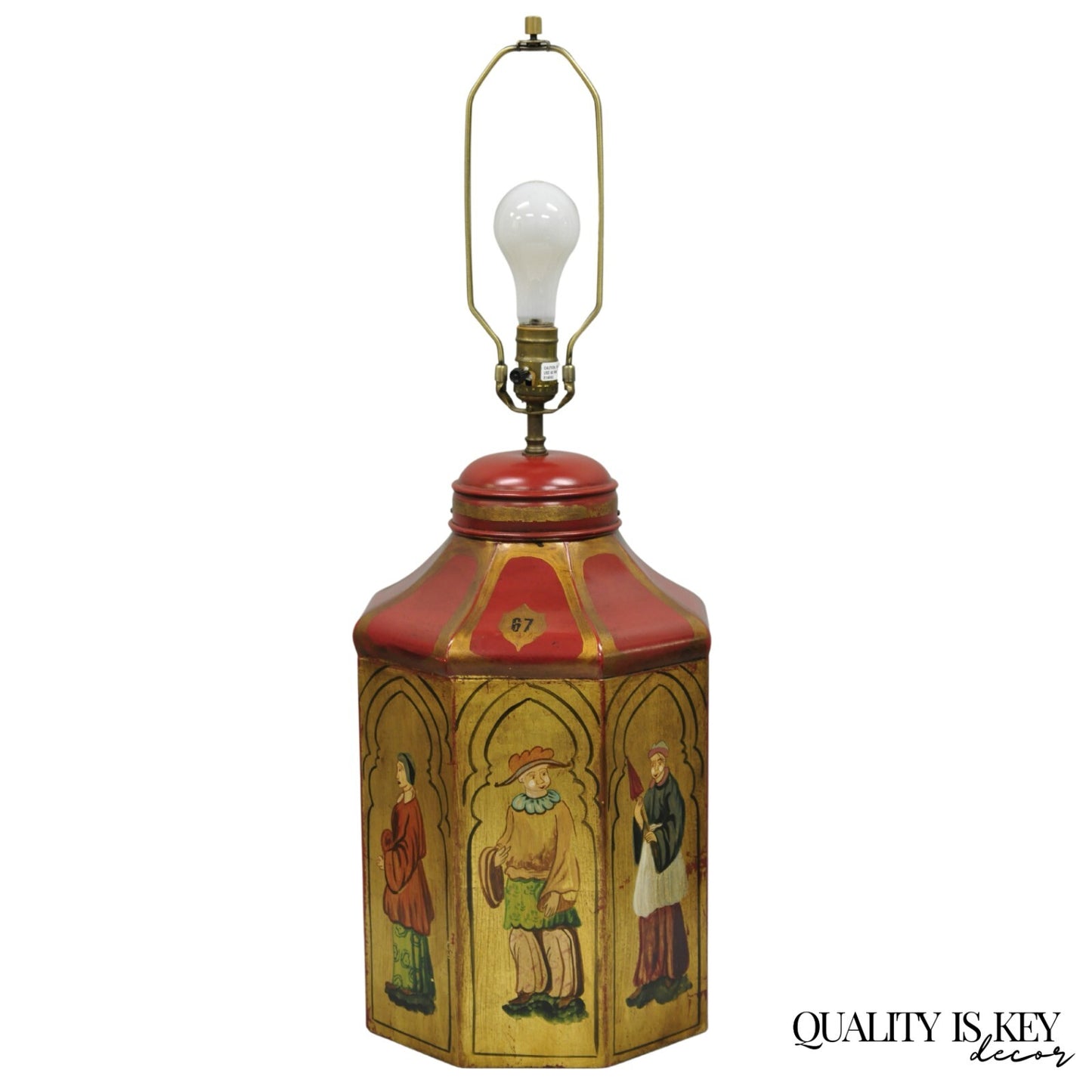 Vintage Chinoiserie Red Tole Metal Tea Canister Table Lamp by Vaughan Design Ltd