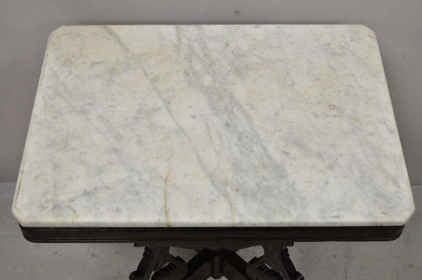 Antique Eastlake Victorian Marble Top Walnut Parlor Accent Side Table